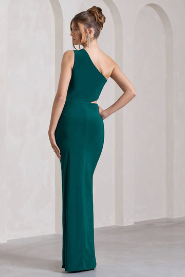 Emmy Bottle Green One Shoulder Cut-Out Split Maxi Dress